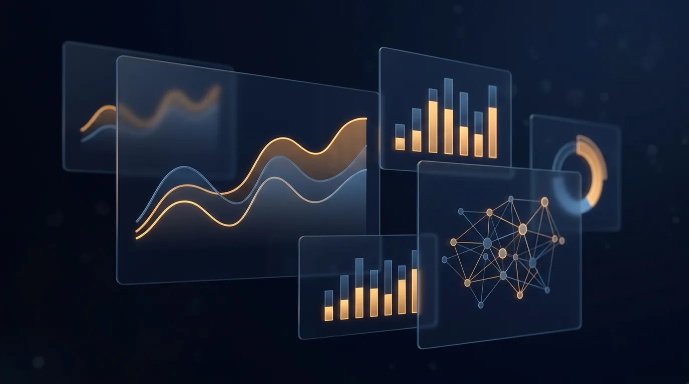 Abstract analytics panels showing cost curves, throughput bars and a network graph
