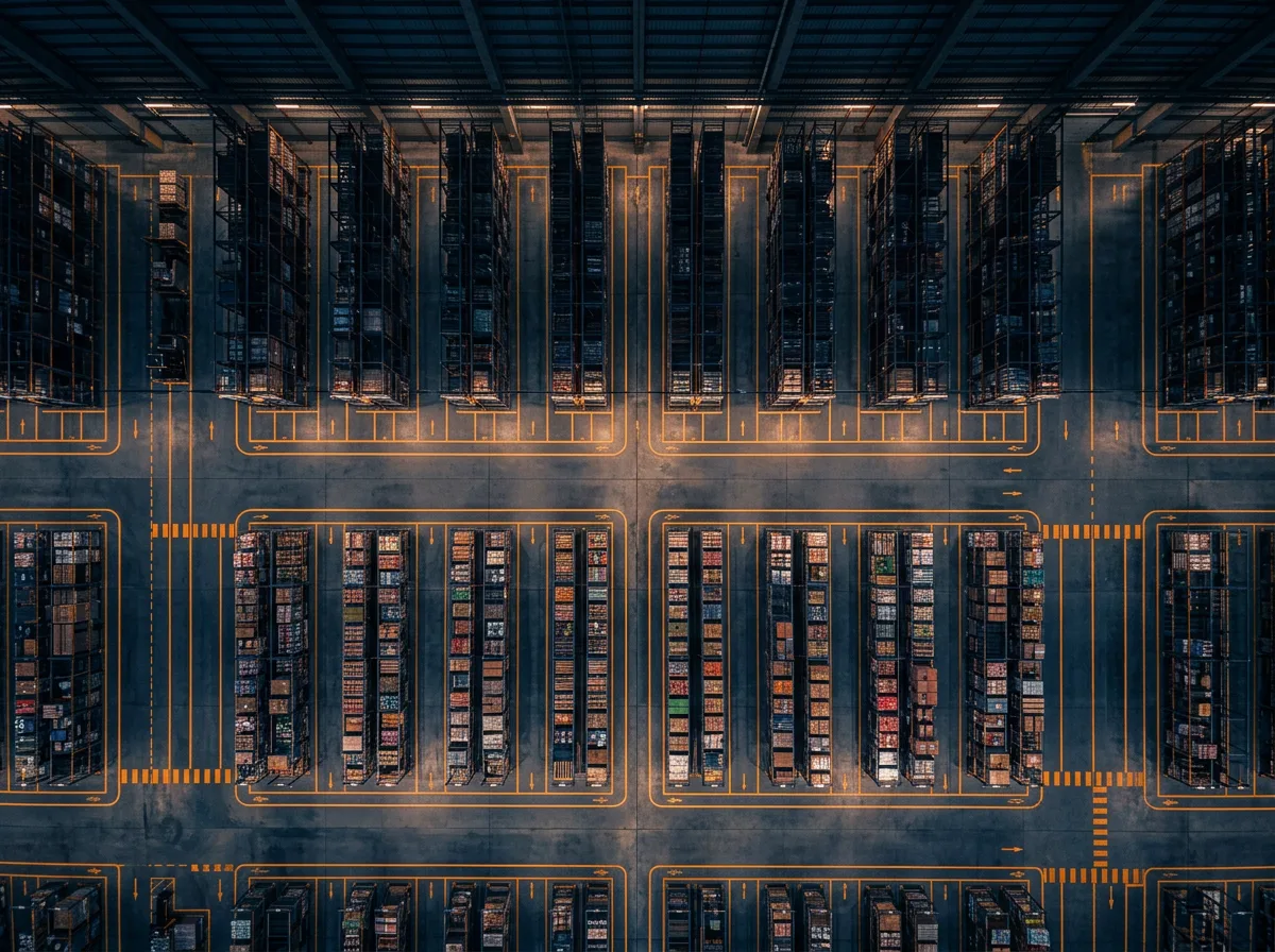 Overhead view of a fulfillment floor showing racking bays and marked pick paths